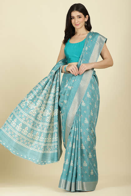 Turqouise Cotton Silk Printed And Zari Woven Saree