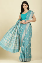 Turqouise Cotton Silk Printed And Zari Woven Saree