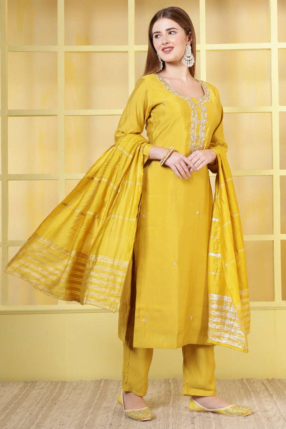 Mustard Silk Cut-Dana And Pearl Embroidered Suits