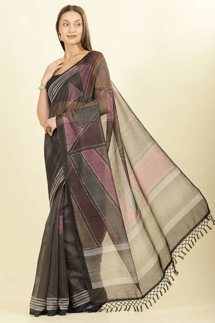 Black Organza Cotton Printed Saree