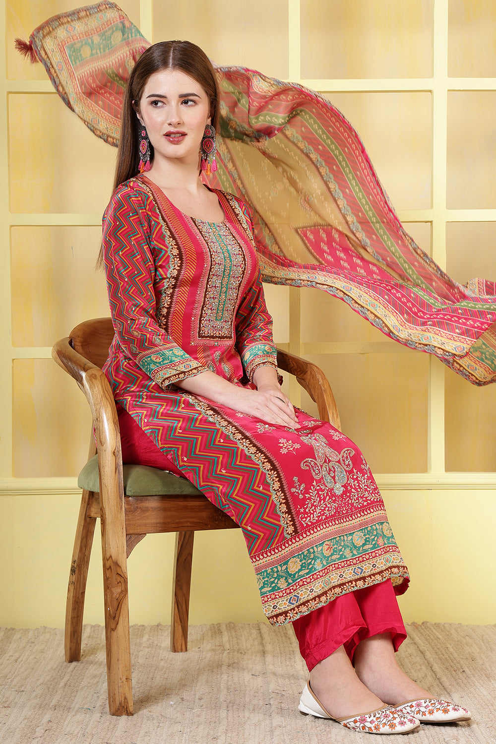 Magenta Crepe Silk Printed Straight Suit