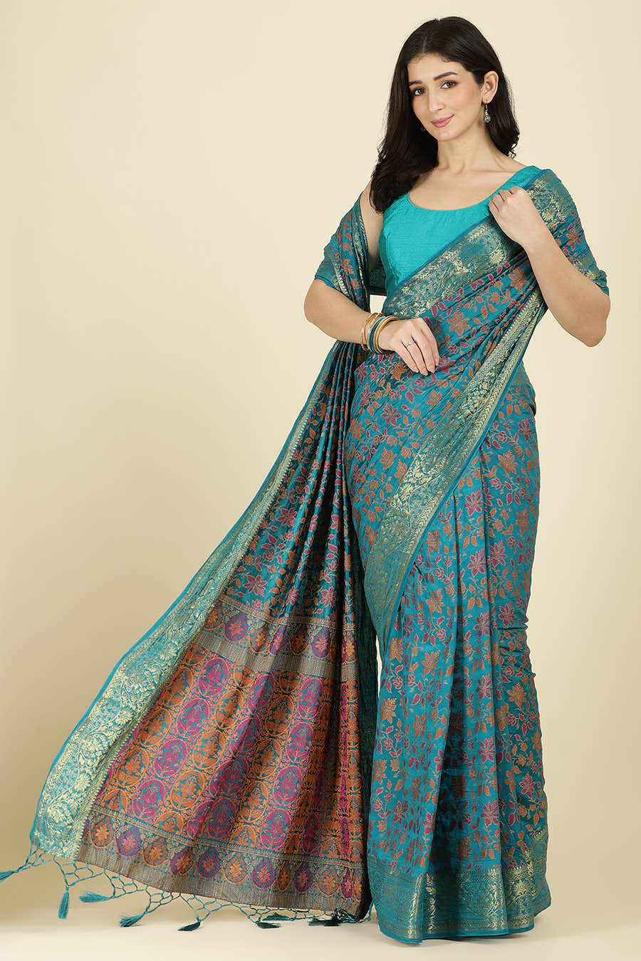 Turquoise Color Tussar Woven Silk Saree