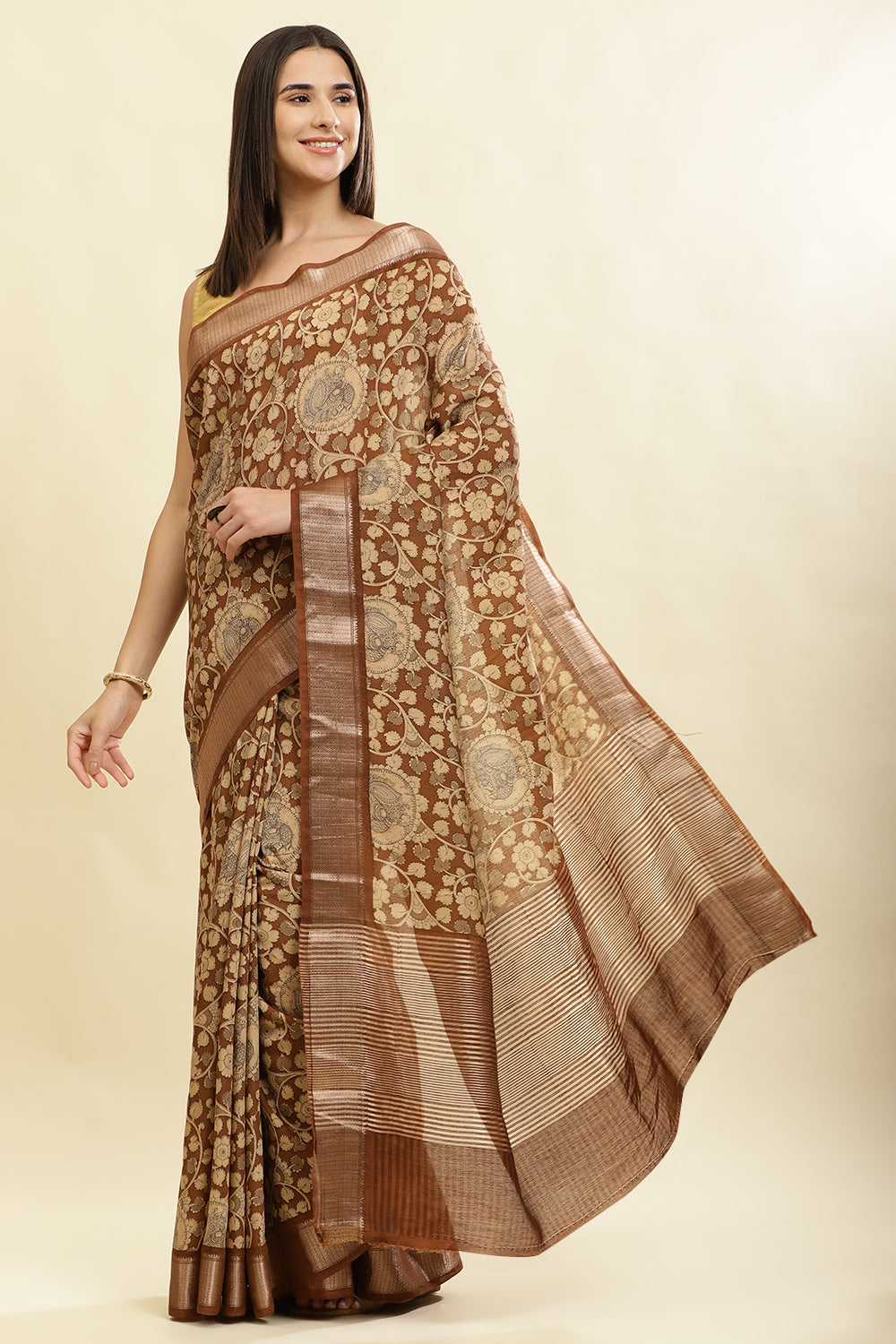 Brown Floral Printed & Zari Border Cotton Silk Saree