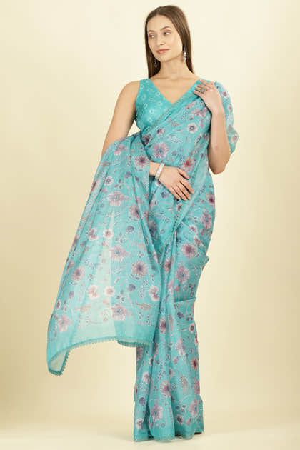 Sea Green Organza Floral Printed And Lace Work Saree