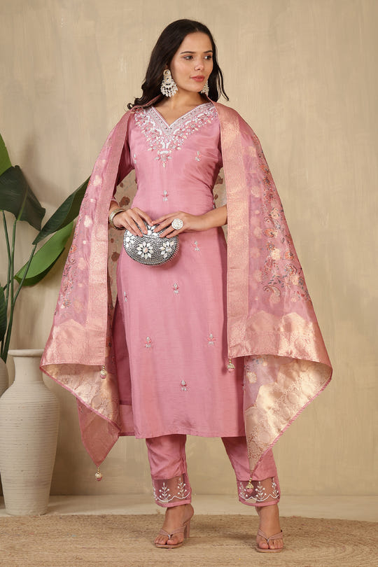 Pink Neck Embroidered Silk Suit