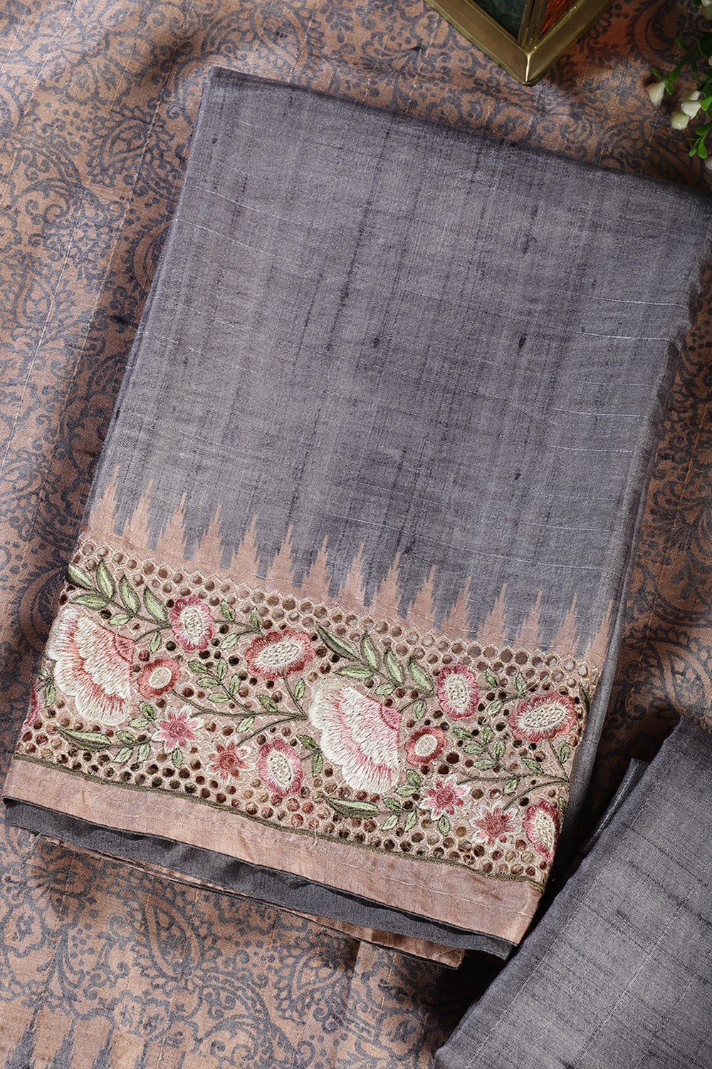 Grey Tussar Cotton Floral Lace Work Unstiched Suit Material