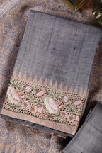 Grey Tussar Cotton Floral Lace Work Unstiched Suit Material