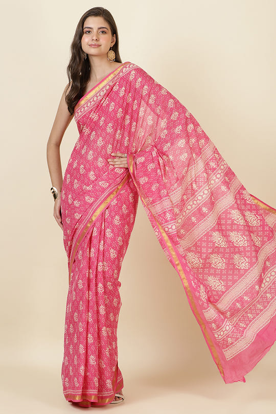 Hot Pink Cotton Block Printed Saree