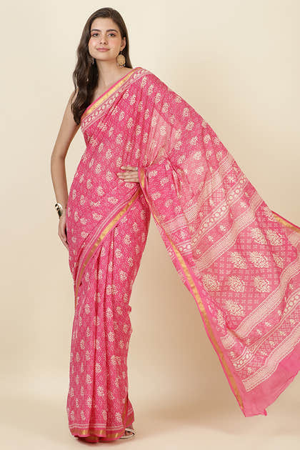 Hot Pink Cotton Block Printed Saree