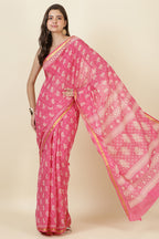 Hot Pink Cotton Block Printed Saree