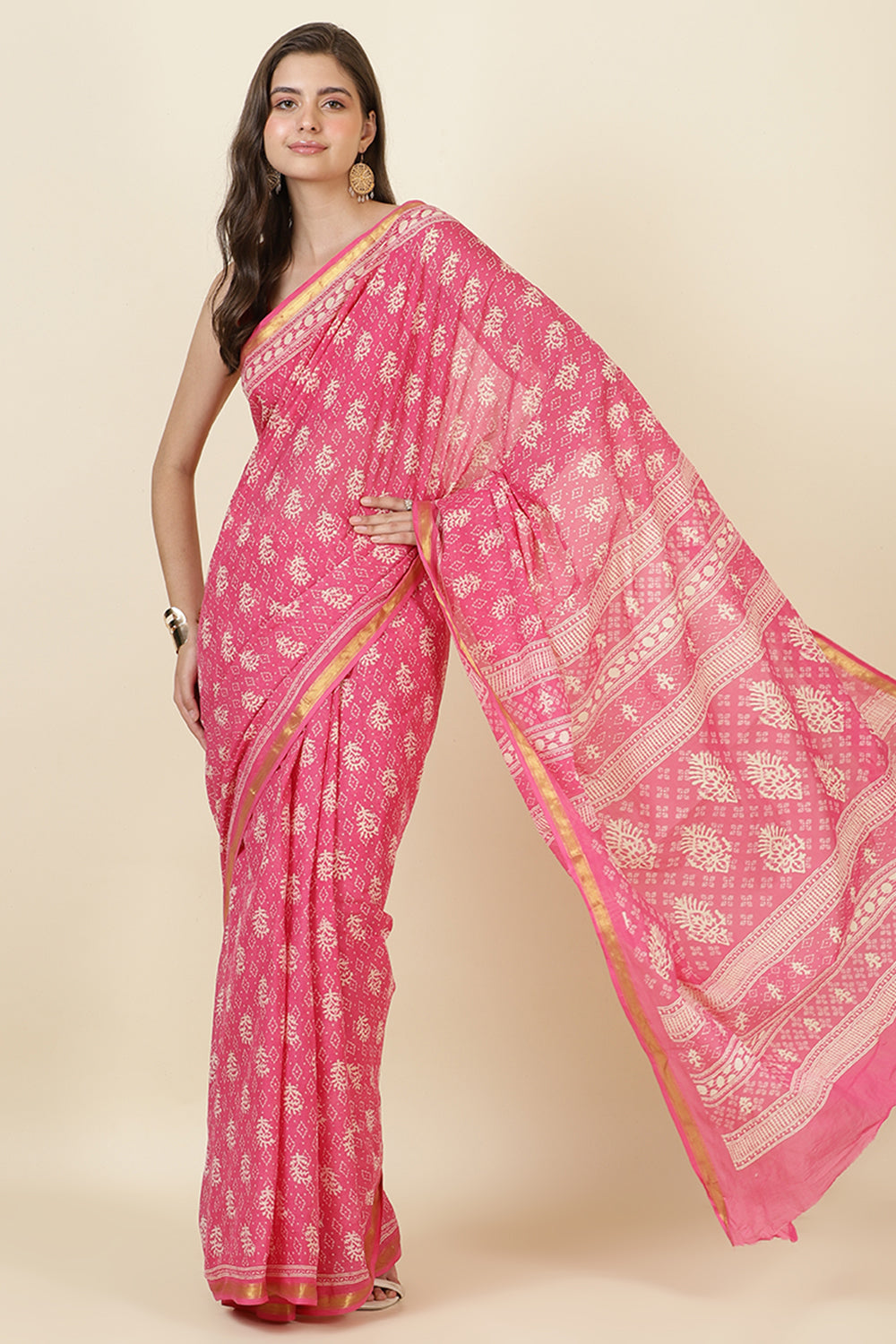 Hot Pink Cotton Block Printed Saree