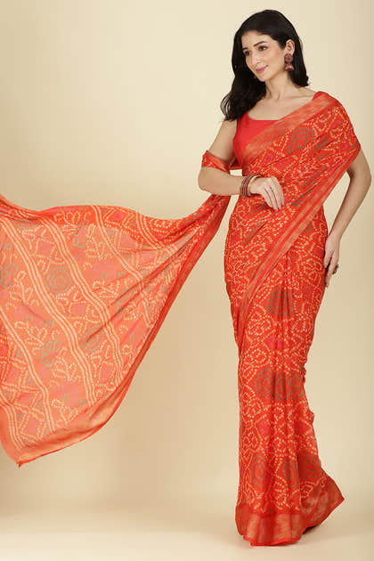 Orange Color Chiffon Bandhani Printed Saree