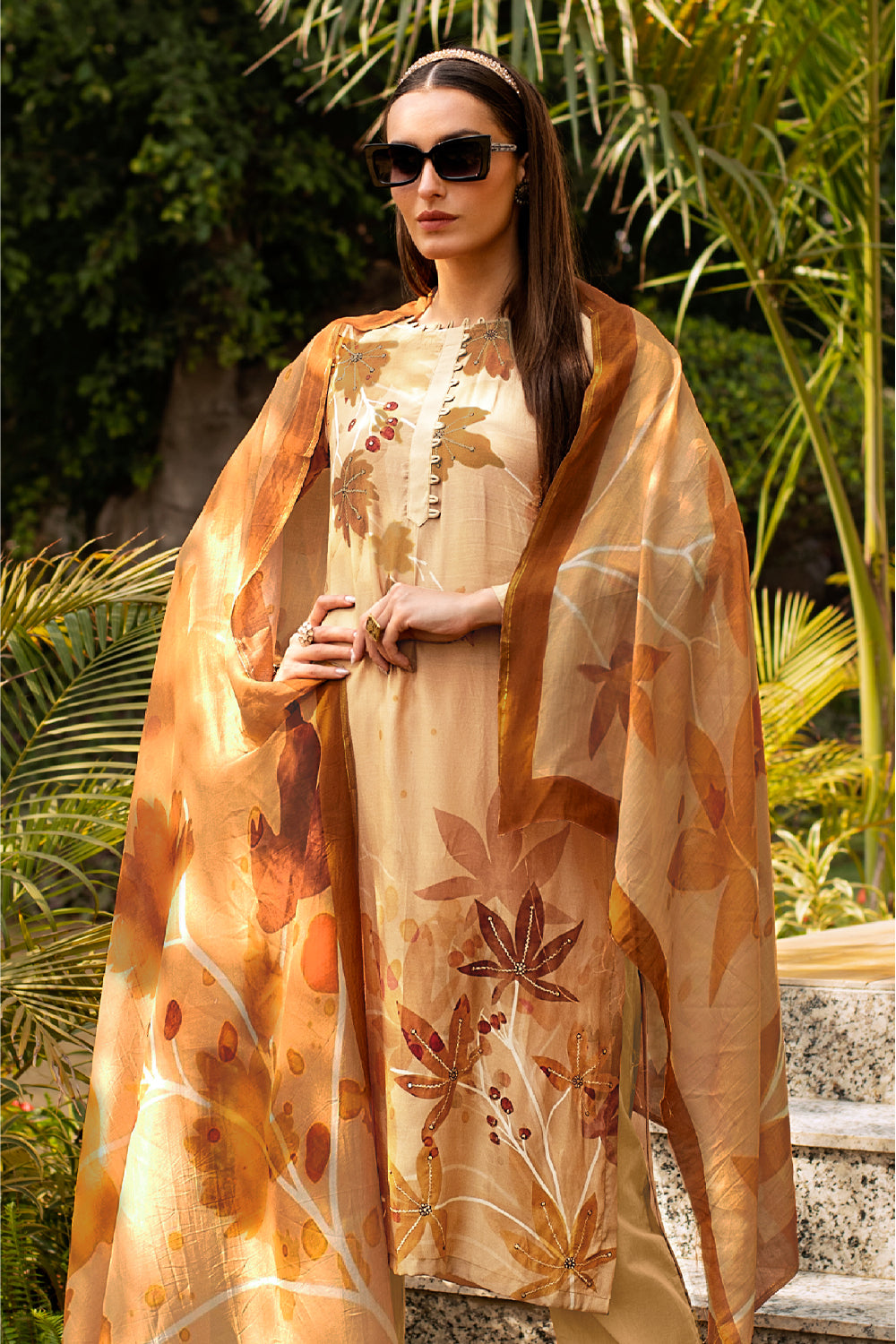 Beige Color Printed Crepe Silk Unstitched Suit Material