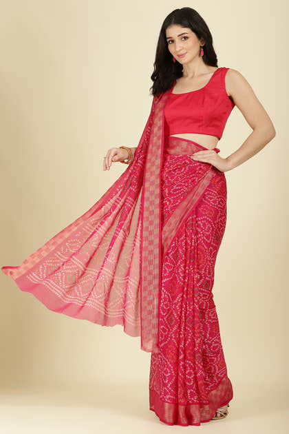 Magenta Pink Color Chiffon Bandhani Printed Saree