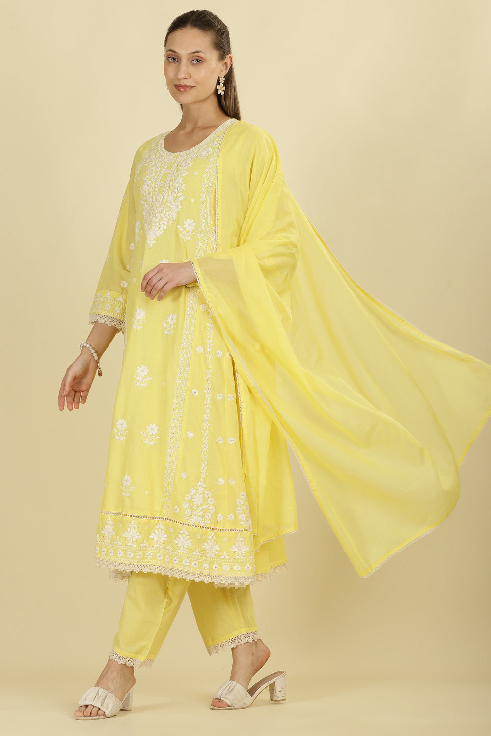 Pale Yellow Cotton Resham Floral Embroidered Anarkali Suit Set