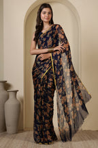 Navy Chiffon Floral Zari Border & Floral Printed Saree