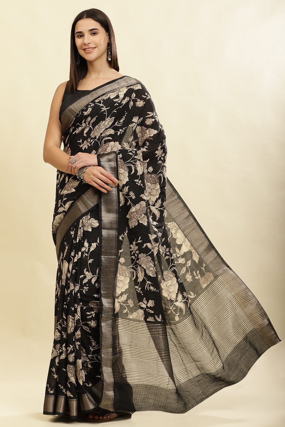 Black Cotton Silk Floral Printed & Zari Border Saree