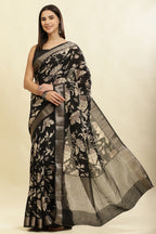 Black Cotton Silk Floral Printed & Zari Border Saree