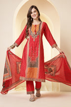 Red Color Printed Silk Embroidered Suit Set