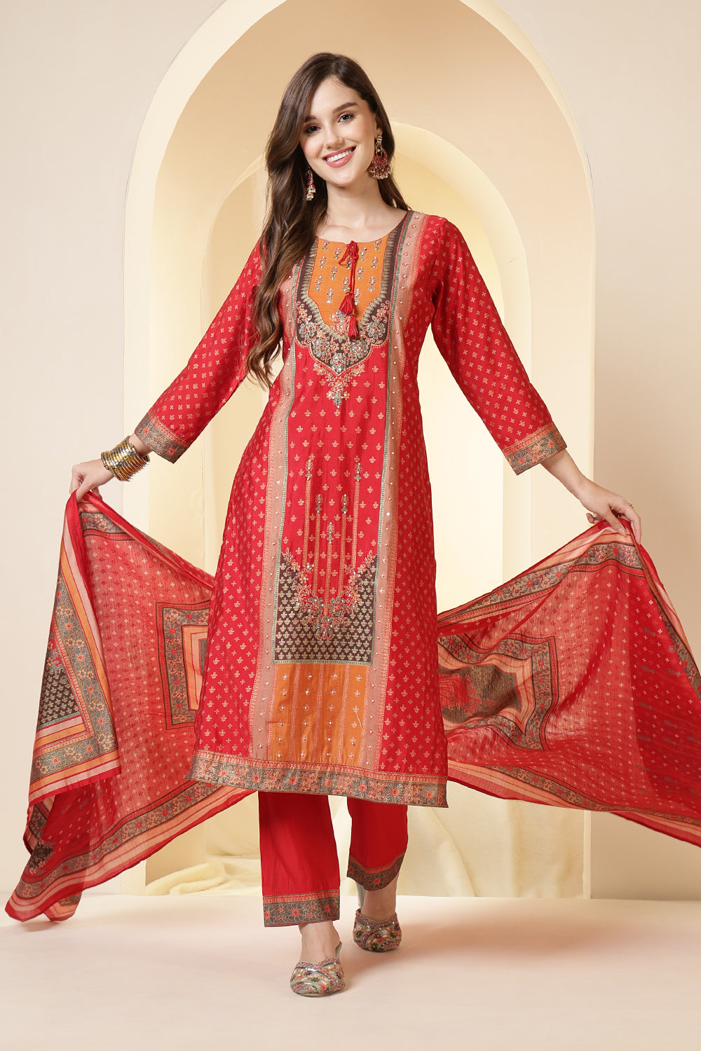 Red Color Printed Silk Embroidered Suit Set