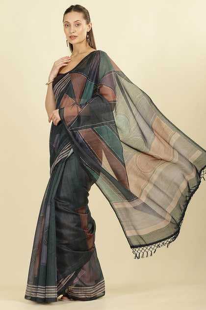 Teal Organza Cotton Printed Saree