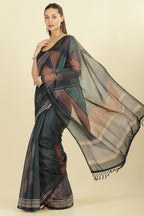 Teal Organza Cotton Printed Saree