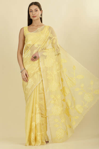 Pale Yellow Cotton Floral Resham Embroidered Saree