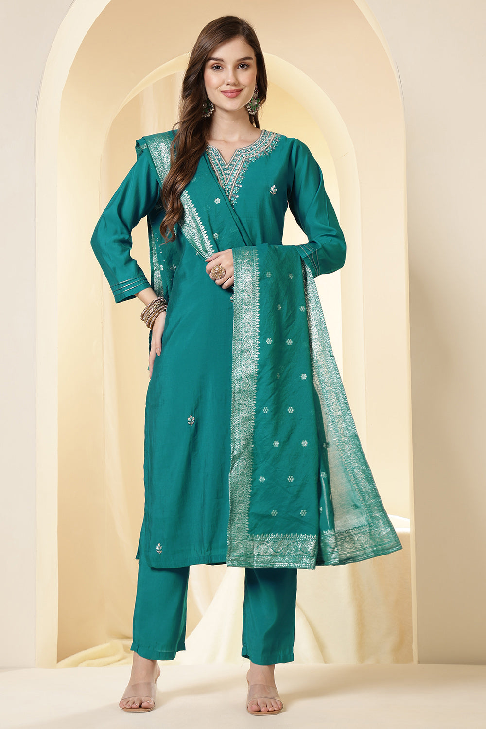 Teal Silk Embroidered Suit Set