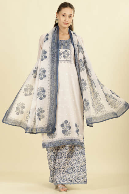 Cream & Blue Cotton Printed Unstitched Suit Material