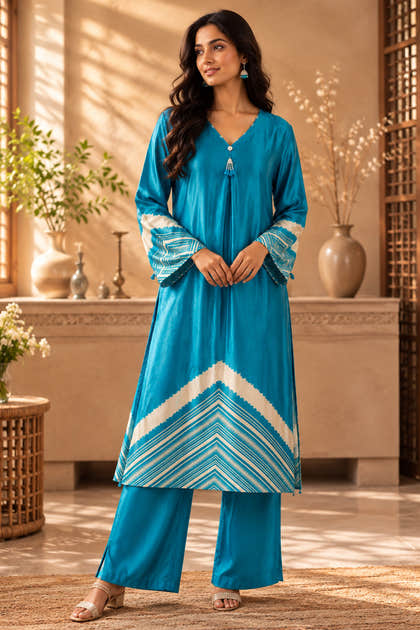 Dark Teal Mulberry Silk Printed Kurta Set