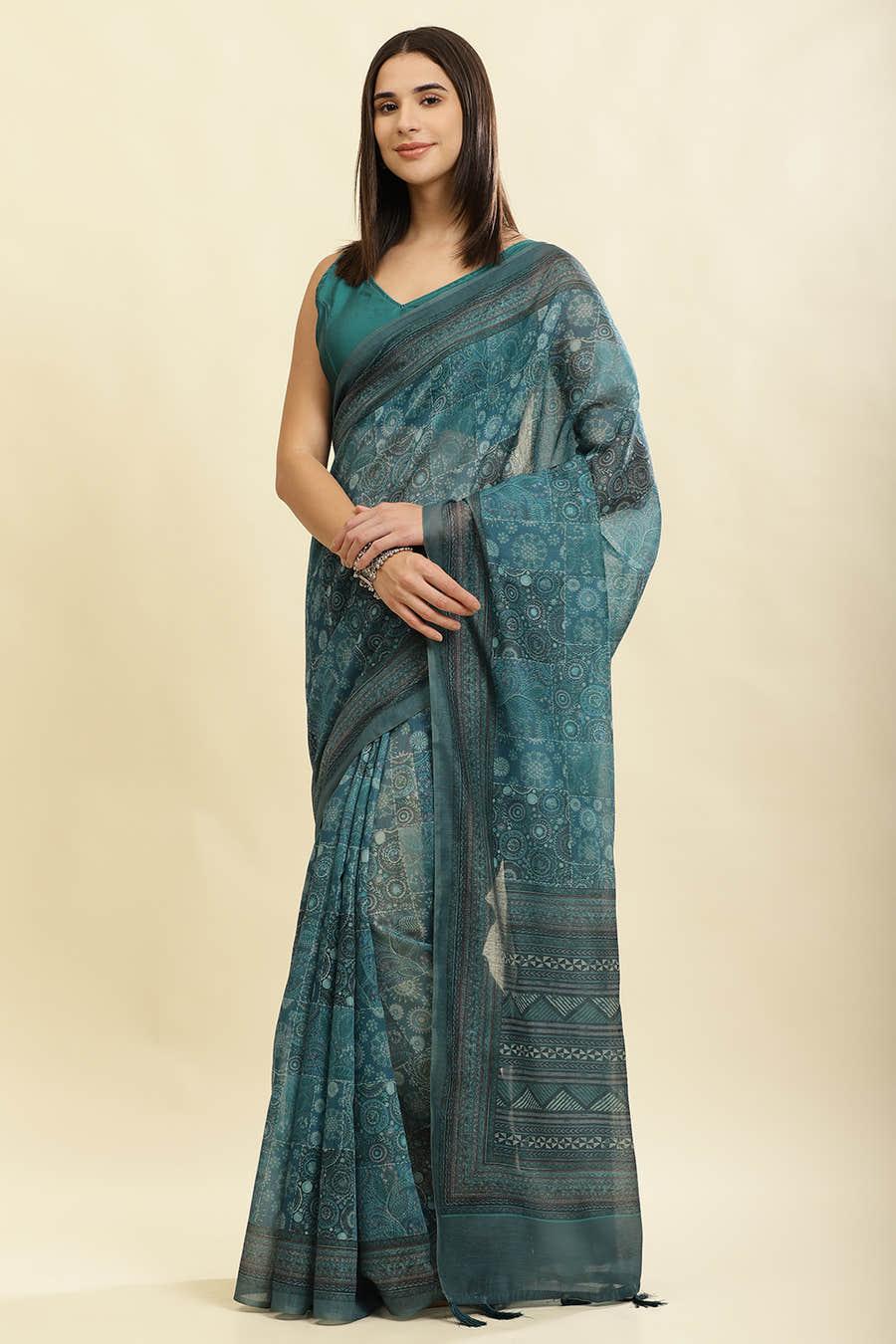 Teal Blue Cotton Silk Printed Saree