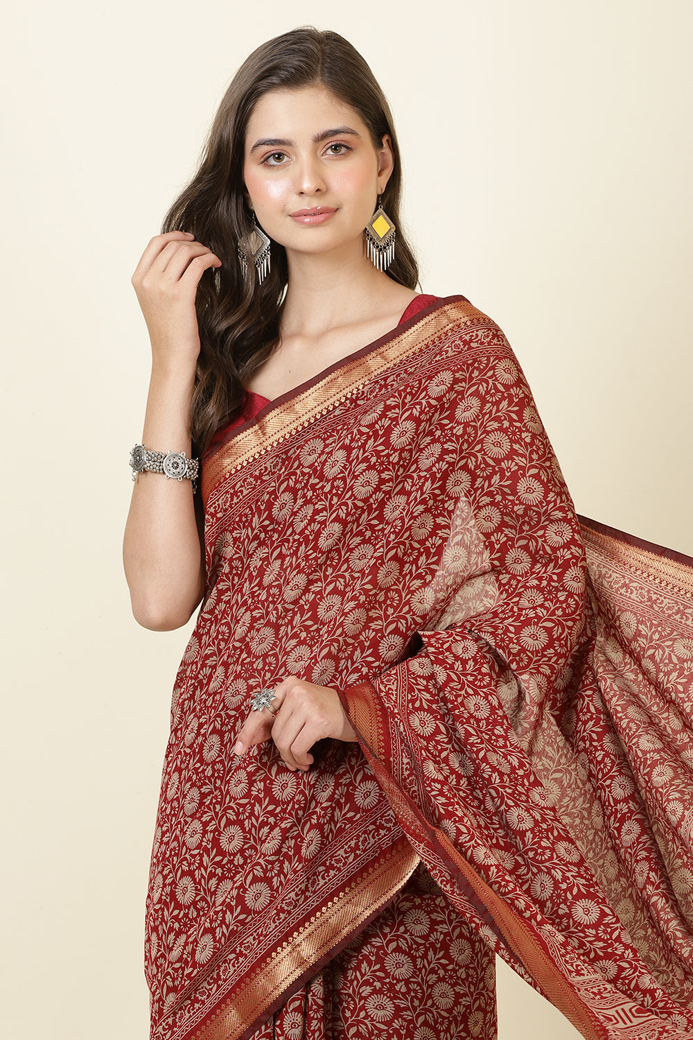 Maroon Cotton Meenkari Printed Saree