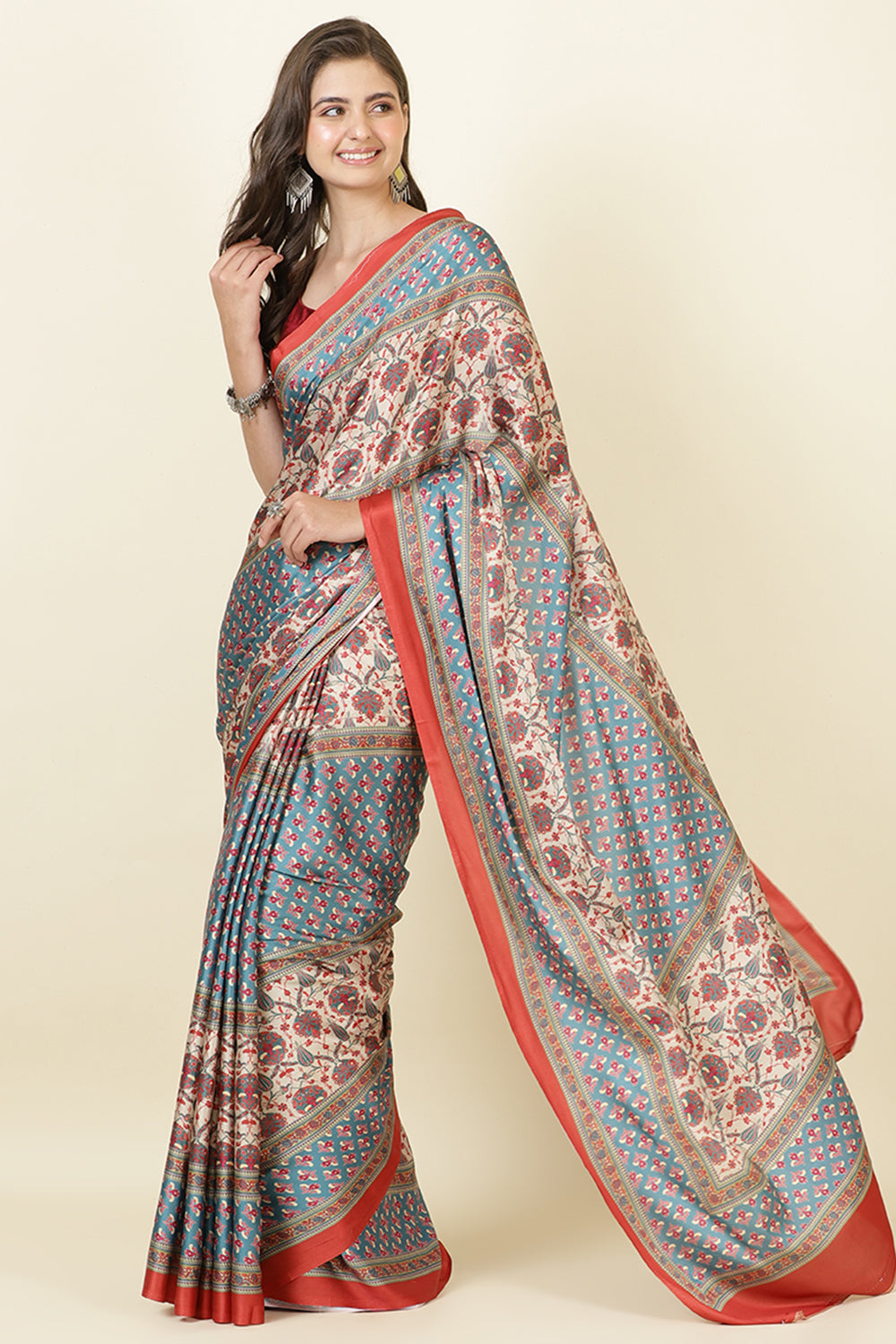 Teal & Beige Crepe Printed Saree