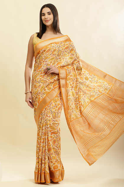 Mustard & Beige Cotton Silk Floral Boota Printed Saree