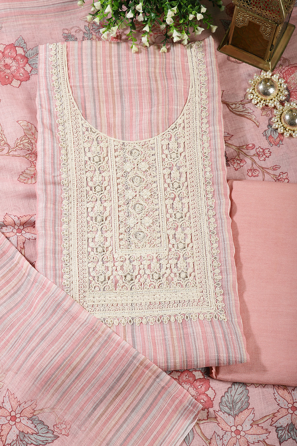 Pink Color Linen Cotton Embroidery Unstitched Suit Material