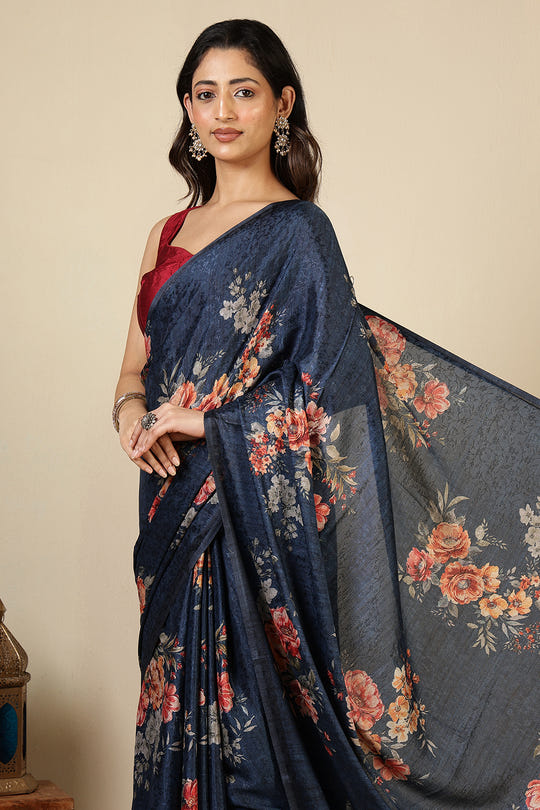 Navy Jacquard Silk Printed Saree
