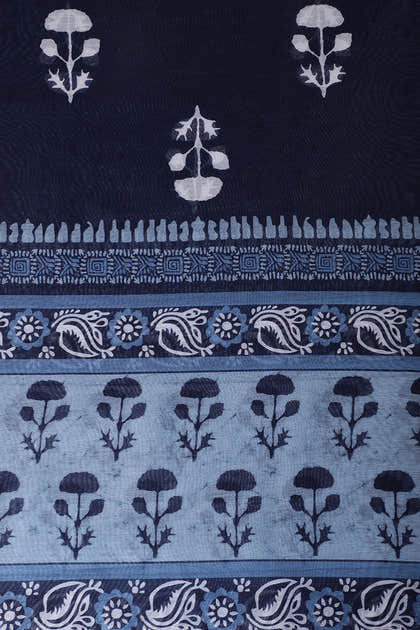 Navy And White Cotton  Zari Border & Floral Block Print Unstitched Suit Material