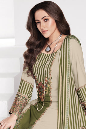 Green & Beige Kashmiri Paisley Printed Unstitched Suits Material