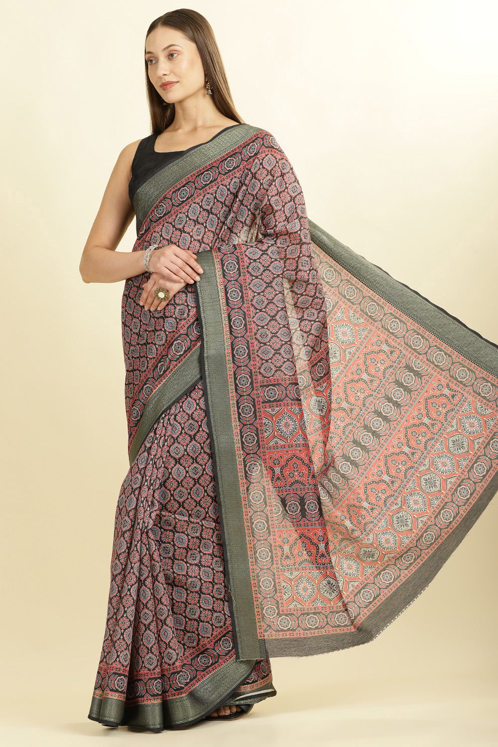 Black Ajrakh Block Printed Cotton Saree