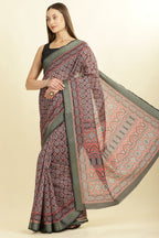 Black Ajrakh Block Printed Cotton Saree