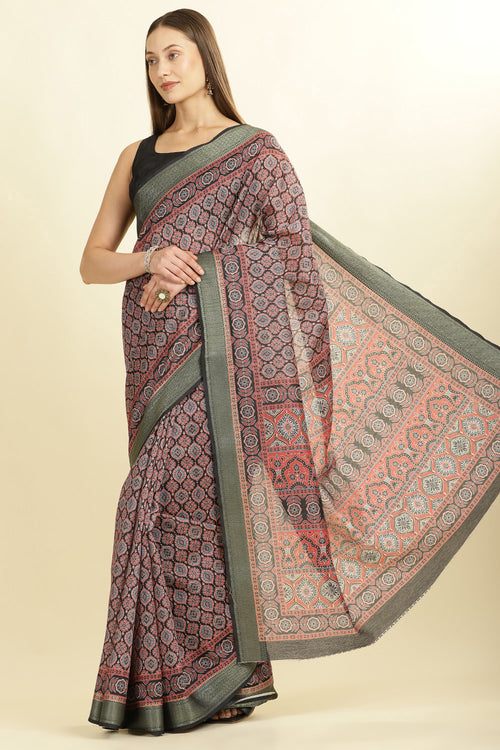 Black Ajrakh Block Printed Cotton Saree