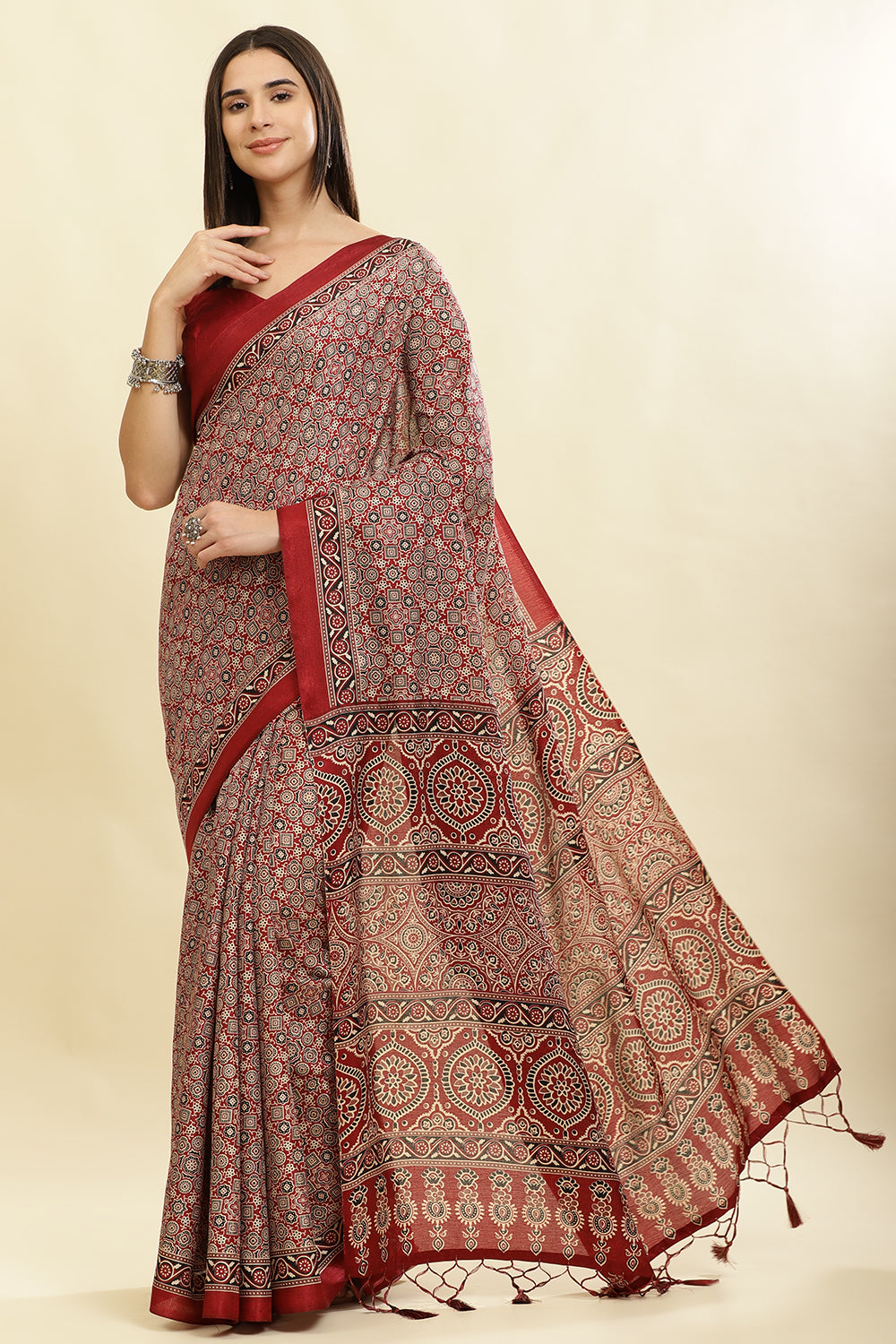 Maroon Cotton Silk Ajrakh Block Printed Saree