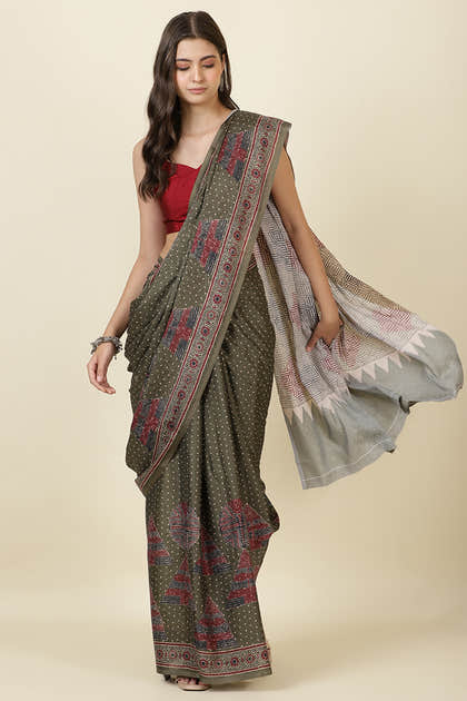 Sage Green Jacquard Silk Printed Saree