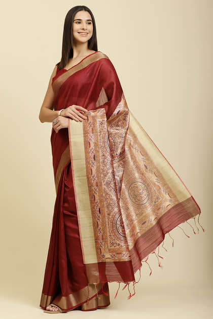 Maroon Color Cotton Silk Madhubani Print Saree