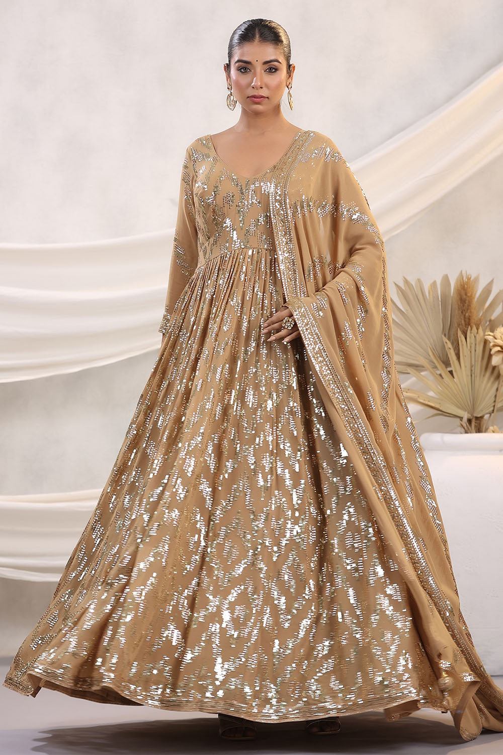 Fawn Color Georgette Sequins Embroidered Floor Length Anarkali Gown with Dupatta