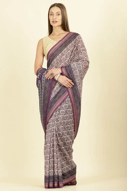 Purple Ajrakh Block Printed Cotton Saree