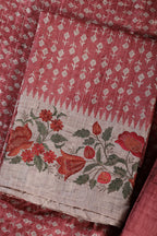 Light Maroon Tussar Cotton Printed And Floral Embroidered Unstiched Suit Material