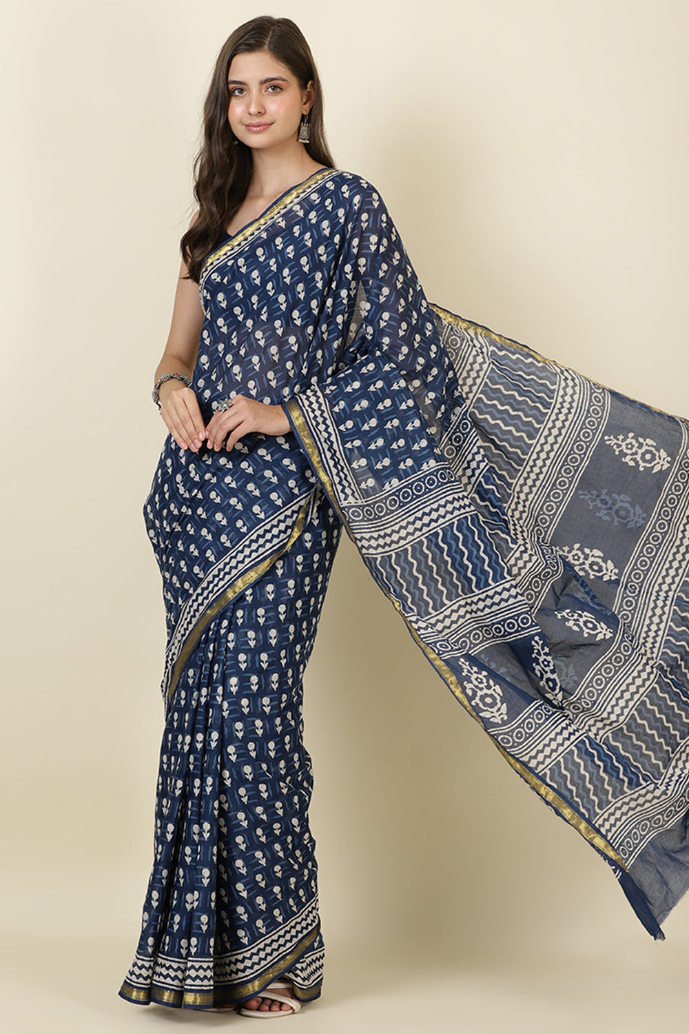 Indigo Blue Block Printed Cotton Saree