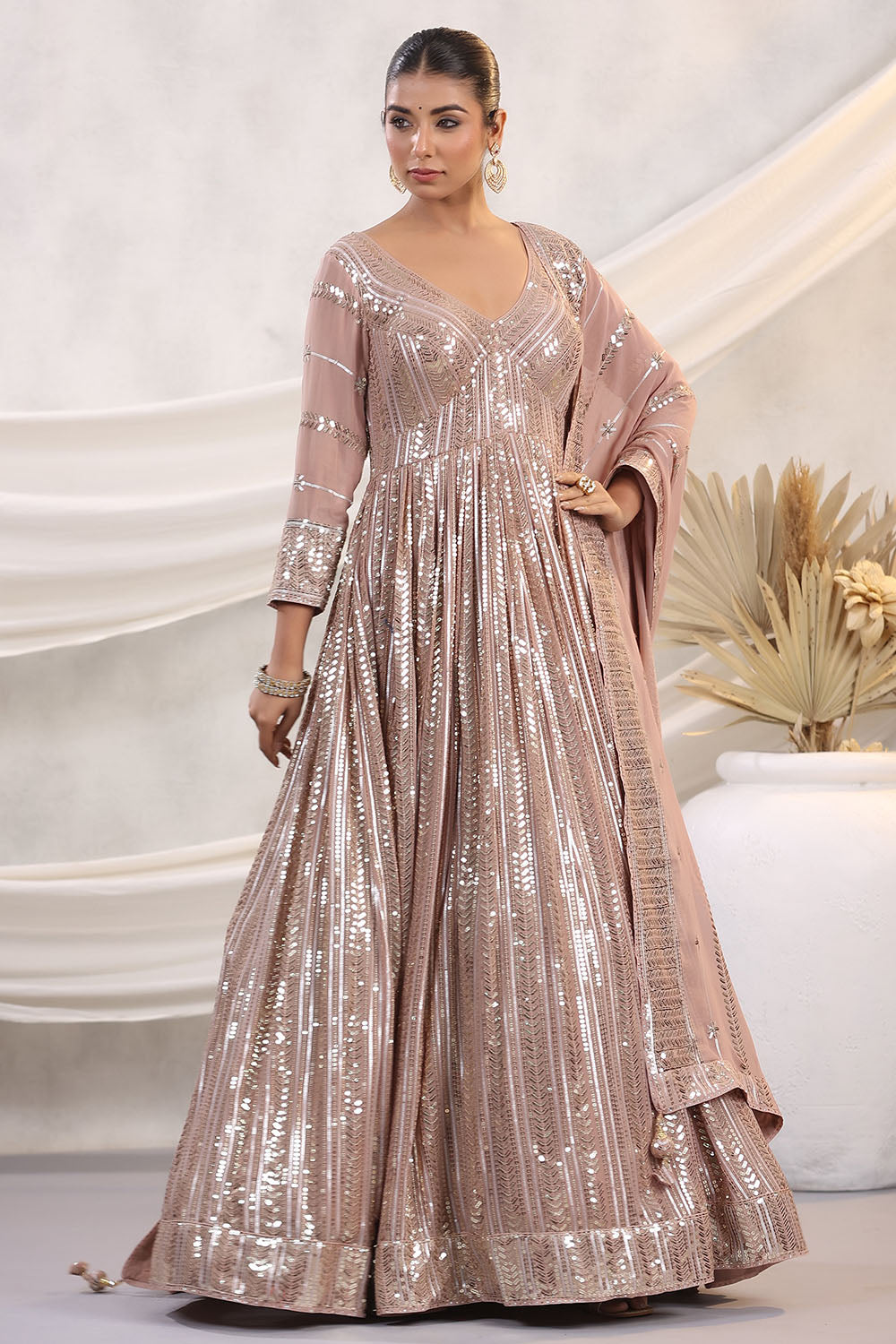 Peach Color Georgette Sequins Embroidered Floor Length Anarkali Gown with Dupatta