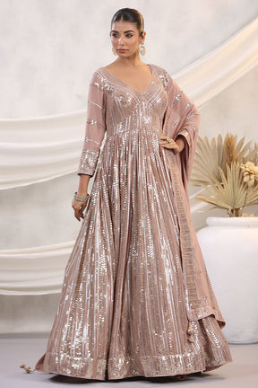 Peach Color Georgette Sequins Embroidered Floor Length Anarkali Gown with Dupatta